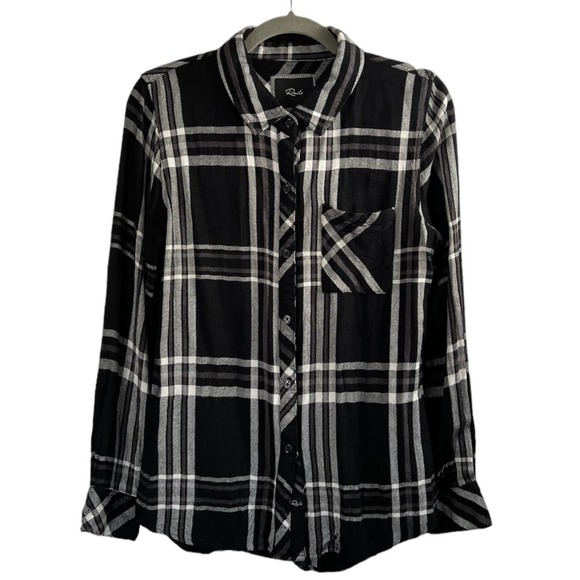 Rails Milo Long Sleeve Brushed Plaid Button Front Rayon Top Black Size Small - Picture 2 of 6